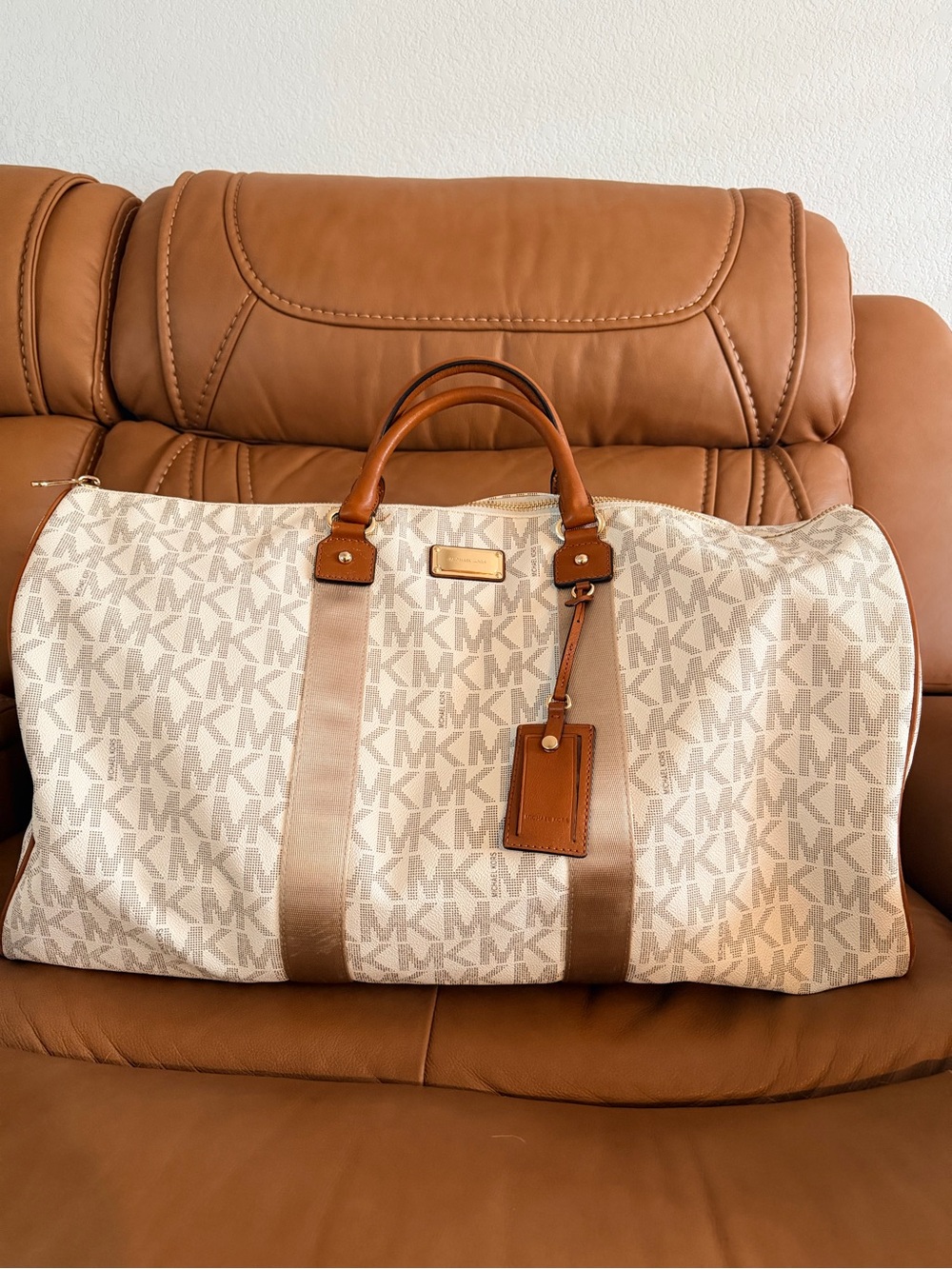 Michael Kors Cream and Brown Monogram Travel Duffel